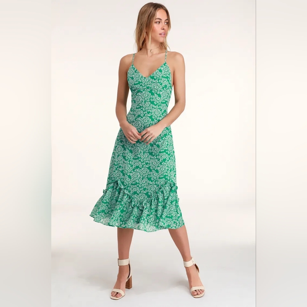 Lulus - Flirty Fleurs Green Floral Print Midi Dress
